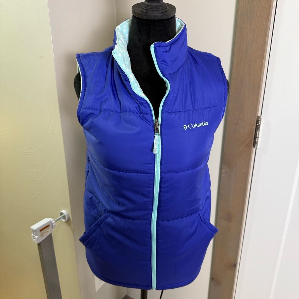 Columbia Kids Reversible Puffer Vest Cobalt Blue Polka Dots Fleece L‎ 14/16
